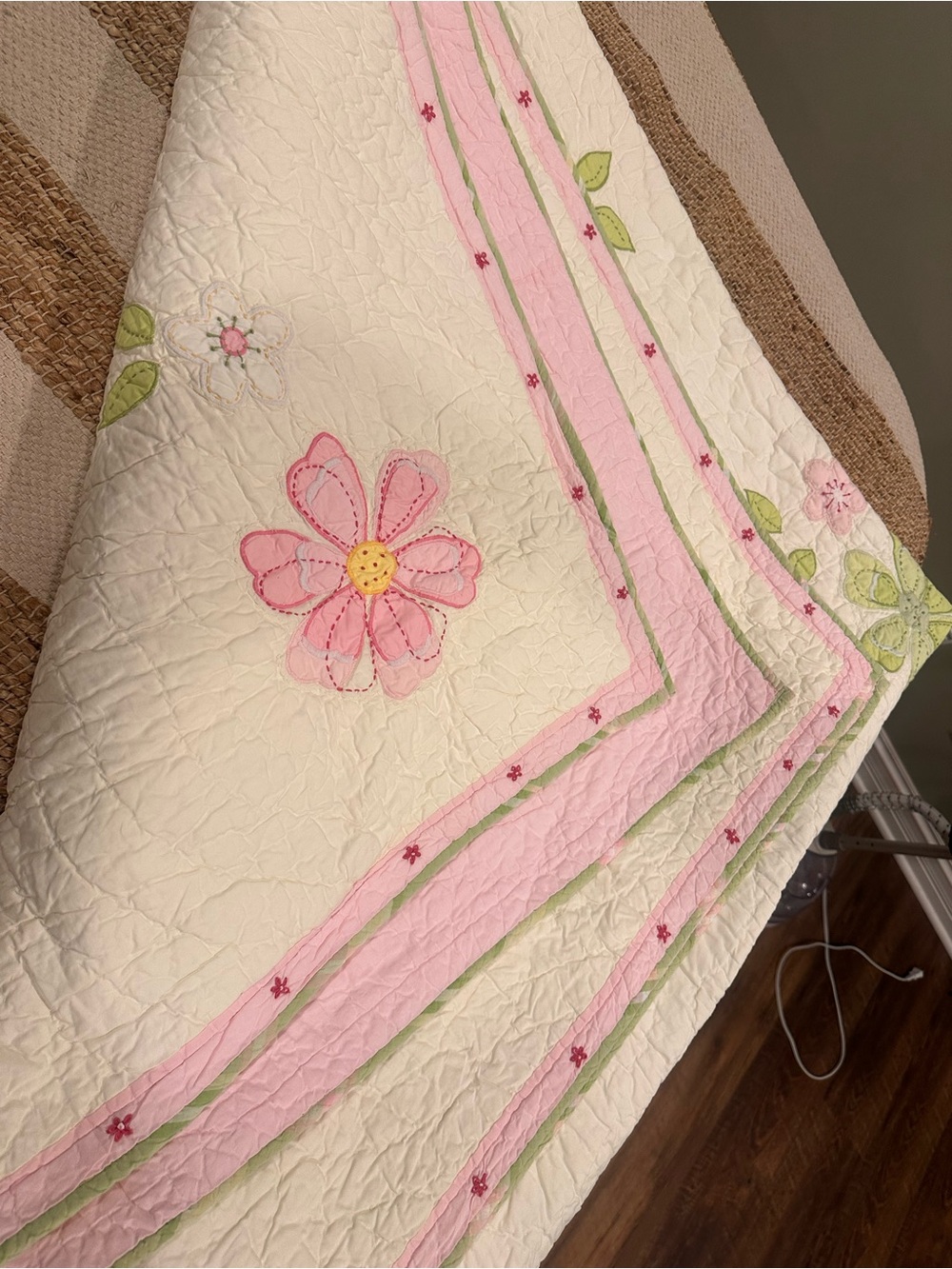 Pottery Barn Kids Pink and Cream Floral Appliqué Quilt